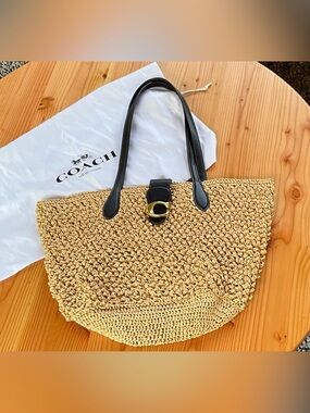 Coach Natural Straw Tote with Black Leather Straps